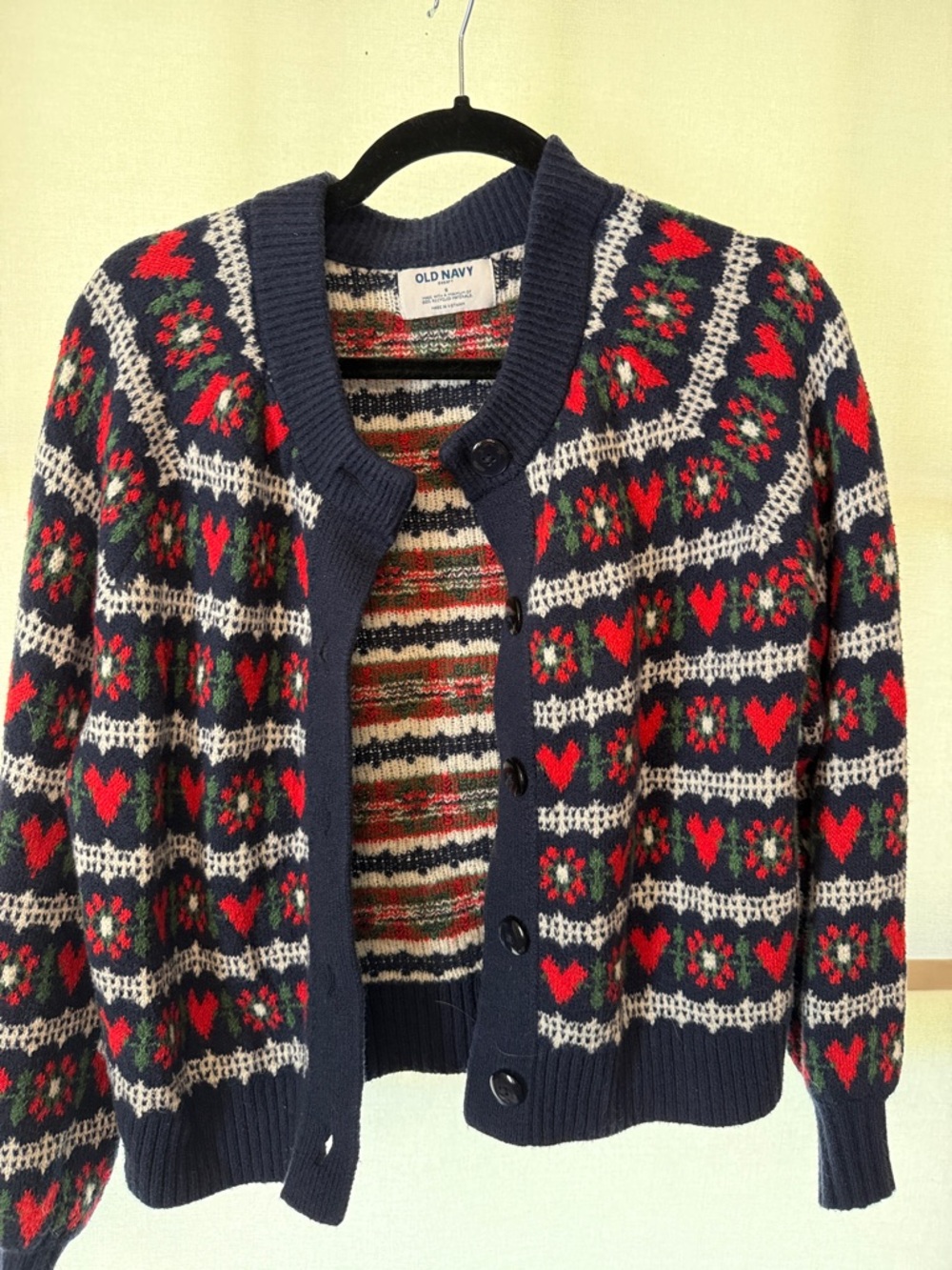 Old Navy Navy Fair Isle Cardigan with Red and Cream Accents Valentine Sweater